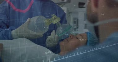 Eldivenli hasta apne 'den sonra solunum cihazına bağlanıyor. Bu arada kırmızı hayati grafik dalgalanıyor. Acil, kritik, hayat kurtaran, hastane, tıbbi, sağlık, tanı