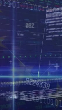 Animation of graphs and data processing on blue background. Global communication, business, data and digital interface concept digitally generated video.