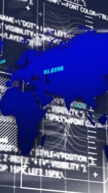 Metinler üzerinden haritanın canlandırılması, bilgisayar dili grafiği, değişen numaralara karşı çubuklar yükleme. Dijital olarak üretilmiş, hologram, illüstrasyon, küresel, rapor, iş dünyası, kodlama ve teknoloji kavramı.