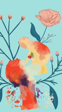 Mavi arka planda pembe çiçekli bebeği kaldıran anne figürünün animasyonu. Doğa, bahar, doğum, annelik ve refah konsepti, dijital olarak üretilen video.