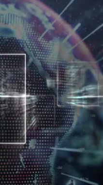 Dönen dünya üzerindeki ışık yollarına karşı veri işleme arayüzünün animasyonu. Bilgisayar arayüzü ve iş teknolojisi kavramı