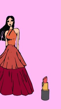 Animation of lipsticks over female model in dress on pink background. fashion, beauty and lifestyle concept digitally generated video.