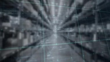 Bulanık veri tünelinde uçuşu başlatan kamera. Veri akışını gösteren turkuaz titreşimli şebekeler. Fütürist, siber, teknolojik, dijital, soyut, hareketli, sanal