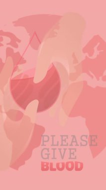 Lütfen kan metnini verin, elleriniz ve damlacık logosu dünyanın her yerinde, pembe arka planda olsun. kan bağışı ayı farkındalık kampanyası konsepti dijital olarak oluşturuldu.