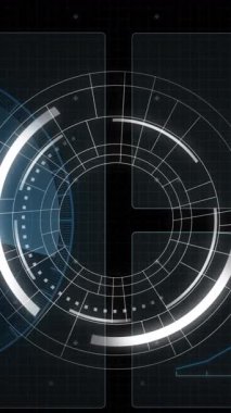 Yuvarlak tarayıcı, dönen küre ve kara zemin üzerinde veri işleme arayüzü animasyonu. Bilgisayar arayüzü ve iş teknolojisi kavramı