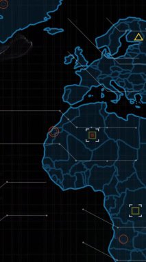 Dünya haritasının animasyonu ve kara arka planda veri işleme. Küresel ağ ve iş teknolojisi kavramı