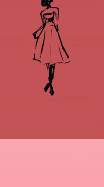 Kırmızı arka planda model çizimlerinin animasyonu. moda tasarımı, moda gösterisi ve giyim konsepti dijital animasyon.