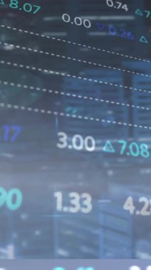 Finansal veriler ve şehir manzarası animasyon geçmişindeki borsa numaraları örtüşüyor. Finans, yatırım, ekonomi, büyüme, kentsel, analitik