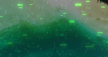 Çift haneli rakamlar, deniz mavisi gölü üzerinde sürükleniyor ve orman kıyılarını kaplayan yeşil kod blokları oluşturuyor. Teknoloji, veri, dijital, manzara, doğa, fütüristik, yenilik
