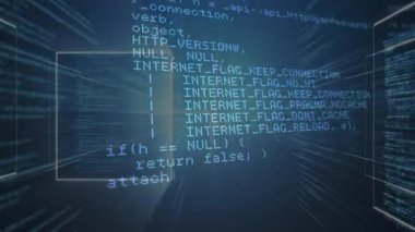 Kod parçalı animasyonda parlayan ızgara tünelinde dönen paneller API çağrılarını görselleştiriyor. Fütürist, dijital, teknoloji, ağ, yenilik, soyut, siber