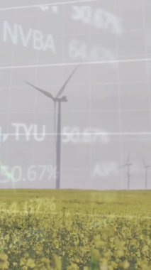 Çayırlarda dönen yel değirmenlerine karşı finansal ve borsa veri işleme animasyonu. Küresel ekonomi ve yenilenebilir enerji teknolojisi kavramı