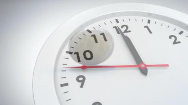 Saat çemberinde dürtülmüş sikke takla atıyor, yuvarlanıyor ve sürüklenerek hareket ediyor. Zamanlama, para birimi, hareket, mekanik, hassasiyet, finans, minimalist