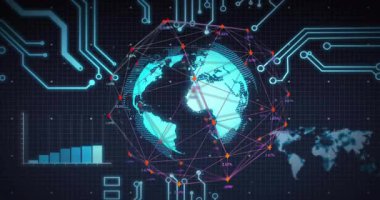 Parlayan küresel sürüş ağı düğümleri oluşuyor, bar tablosu büyüyor, veri istatistiklerini gösteren küresel dönüşler oluyor. Fütüristik, teknoloji, analitik, veri görselleştirme, sanal arayüz, dijital haritalama, yenilik