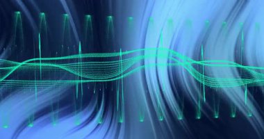 Işıldayan gök mavisi noktalı dalga biçimi ani titreşimlerden titreşmeye başlıyor, ses hareketini temsil ediyor. Soyut, dinamik, canlı, dijital, fütüristik, görselleştirici, teknoloji