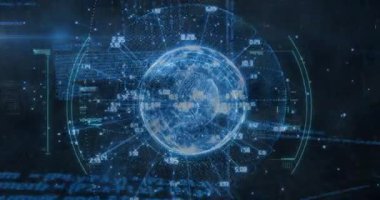 Arayüz açılışı, dönen resimli veri ağını somutlaştıran kablo küresel ışık düğümlerini ortaya çıkarıyor. Gelecekçi, dijital, ağ, yenilik, teknoloji, sanal, görselleştirme