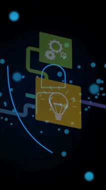 Siber güvenliği gösteren dijital güvenlik simgeleri ve ağ bağlantılarının animasyonu. Koruma, şifreleme, güvenlik duvarı, teknoloji, veri, güvenlik