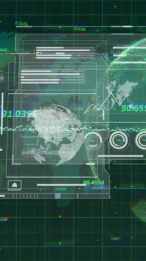 Dünya haritası ve dijital ızgara üzerinde küresel veri analizi ve istatistik animasyonu. teknoloji, ağ, bilgi, büyük veri, görselleştirme, siber