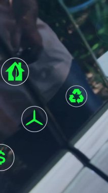 Sürdürülebilirlik ve çevre dostu ikonlar araba kapısını açan kişi üzerinde canlandırma. çevre, yeşil, enerji, geri dönüşüm, yenilenebilir, sürdürülebilir