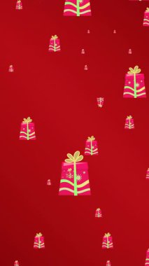 Kırmızı zemine düşen hediyelerin canlandırması. Noel, gelenek ve kutlama konsepti dijital olarak oluşturuldu.
