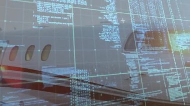 Jet gövdesi açık, şeffaf ızgara soluk kod akışı kehribar ışıltısı kokpit penceresini aydınlatıyor. Havacılık, teknoloji, siber güvenlik, fütüristik, kurumsal, dijital, yenilik