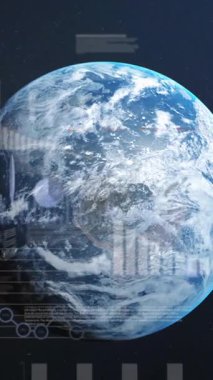 Grafiklerin animasyonu, dairelerin yüklenmesi, rakamların değiştirilmesi ve değişen dünya üzerinde işlem tahtaları. Dijital olarak üretilmiş, hologram, küreselleşme, rapor, iş, büyüme, ilerleme, borsa,