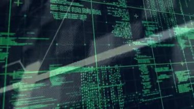 Statik ızgaradan başlayarak, kod parçaları ağ çizgilerine kayıyor, canlı veri işleme gösteriliyor. Soyut, geleceksel, dijital, teknoloji, siber, ağ, görselleştirme