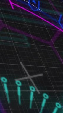 Siyah arkaplandaki ışık yollarının üzerindeki şekillerle taramaların animasyonu. Küresel teknoloji, bilgisayar ve dijital arayüz kavramı dijital olarak oluşturulmuş video.