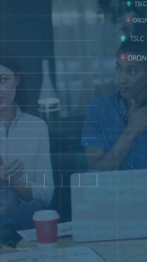 Animation of stock market data processing over group of diverse colleagues discussing at office. Global economy and business technology concept