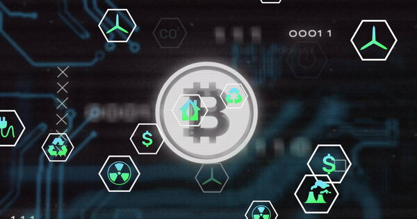 Плавающий символ биткойна на фоне контура, с ветряной турбиной, долларом, рециркуляцией и значками вилки. Криптовалюты, блокчейн, цифровые, футуристические, инновации, финансы, технологии