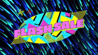 Neon çizgileri oval görünümü başlatırken, pembe FLASH satış metinleri satışa sunuyor. Neon, soyut, fütürist, dijital, canlı, promosyon, pazarlama