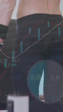 Animation of financial data processing over caucasian woman exercising in gym. Global sports, business, finance, computing and data processing concept digitally generated video.