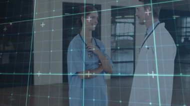 Hemşire, doktorla mercan tarlasında tokalaşmak için erkek hemşirenin nabzını ölçerken konuşuyor. İşbirliği, takım çalışması, sağlık, profesyonel, teşhis, hastane, bağlantı