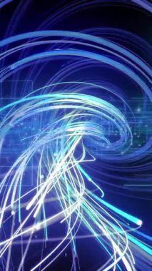 Siyah arkaplandaki ışık noktalarının üzerindeki neon izlerinin animasyonu. Teknoloji ve dijital arayüz kavramı dijital olarak oluşturuldu.