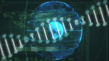 Noktalar ışıldayan küreye dönüşüyor, halkalar yörüngede dönüyor, sarmallar süpürülüyor, paneller analiz için kayıyor. Futuristik, teknoloji, veri görselleştirme, dijital, soyut, yenilik, analitik