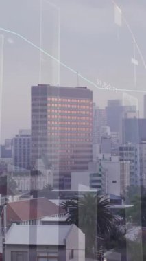 Şehir manzarasının havadan görünüşü üzerinden istatistiksel veri işleme animasyonu. İş verileri ve analitik teknoloji kavramı