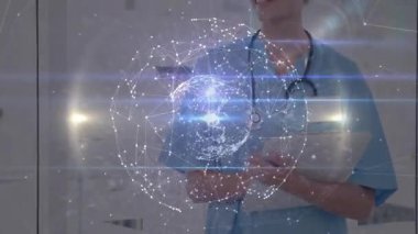 Aktif hale getirildikten sonra Holografik küreyi gören hemşire pano veri akışında maddeleşiyor. Gelecek, teknoloji, sağlık, yenilik, kesinlik, tanı, kısır