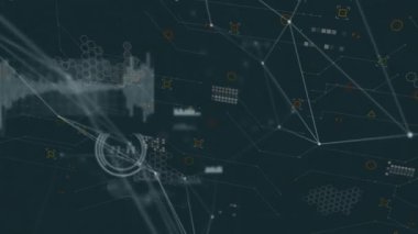 Teal alanı üreme çizgileri ve düğümleri, halka titreşimleri ve ağ çözünürlüğü verileri gösteriyor. Fütürist, teknoloji, dijital, görselleştirme, soyut, yenilik, siber