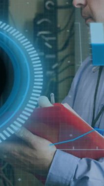 Animation of interface with data processing over caucasian male engineer working at server room. Computer interface and business data storage technology concept