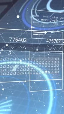 Siyah arkaplan üzerinde dijital veri işleme animasyonu. Dijital olarak oluşturulmuş küresel bağlantılar, hesaplama ve veri işleme kavramı.