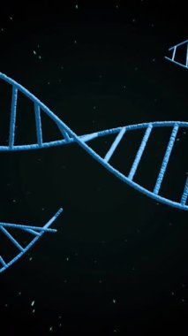 Animasyon uzayda parlayan parçacıkların olduğu yüzen mavi DNA iplikleri. Biyoteknoloji, genetik, biyoloji, moleküler, geleceksel, bilim