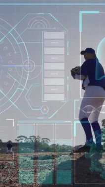 Kafkas kadın beyzbol oyuncusu üzerinden veri işleme animasyonu. Küresel spor ve dijital arayüz kavramı dijital olarak oluşturulmuş video.