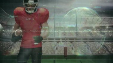 Kırmızı formalı koşucu, defans oyuncusu spor verileri arasında hücum ederken top kazanıyor. Sporcu, rekabet, dijital, hareket, strateji, dinamik, spor