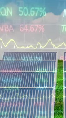 Animation of stock market data processing over solar panels on grass against blue sky. Solar energy and technology concept