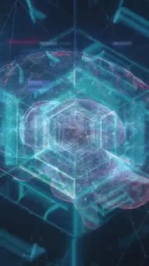 Neon altıgenlerden oluşmuş tünelin animasyonu ve siyah arka plandaki beyin. Bilim, insan biyolojisi ve hareket konsepti dijital olarak üretilen video.