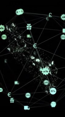 Karanlık arka planda simgelerle veri işleme ve küre animasyonu. Küresel siber güvenlik, bağlantılar, hesaplama ve veri işleme kavramı dijital olarak oluşturuldu.