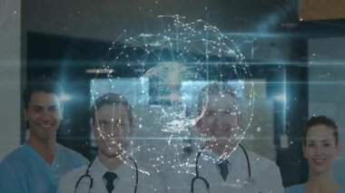 Dijital küre yumurtlama hologramı, tıbbi ekibin el ele tutuşup birlik olduğunu gösteriyor. Gelecek, işbirliği, yenilik, sağlık, takım çalışması, teknoloji, profesyonellik