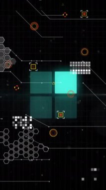 Geometrik şekiller ve ağ bağlantılarıyla dijital veri işleme animasyonu. Teknoloji