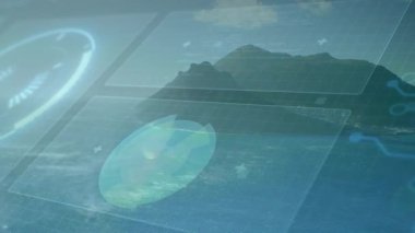 Okyanus ve ada açılımı UI canlandırma panelleri verileri ve görüntüleme işlemini tamamlar. Gelecekçi, teknoloji, deniz, veri görselleştirme, arayüz, dijital, minimalist