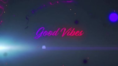 Merceklerin parlaması, kübün ortaya çıkması, parçacıkların halka haline gelmesi ve alevlerin Good Vibes 'ı aydınlatması. Soyut, dijital sanat, neon, fütüristik, canlı, dinamik, enerji