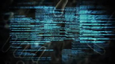 Arkaplan kaymasından ortaya çıkan Cyan kod kümesi kayması siber-biyoteknoloji füzyonunu gösteriyor. Teknoloji, dijital, fütüristik, biyoteknoloji, soyut, veri, yenilik